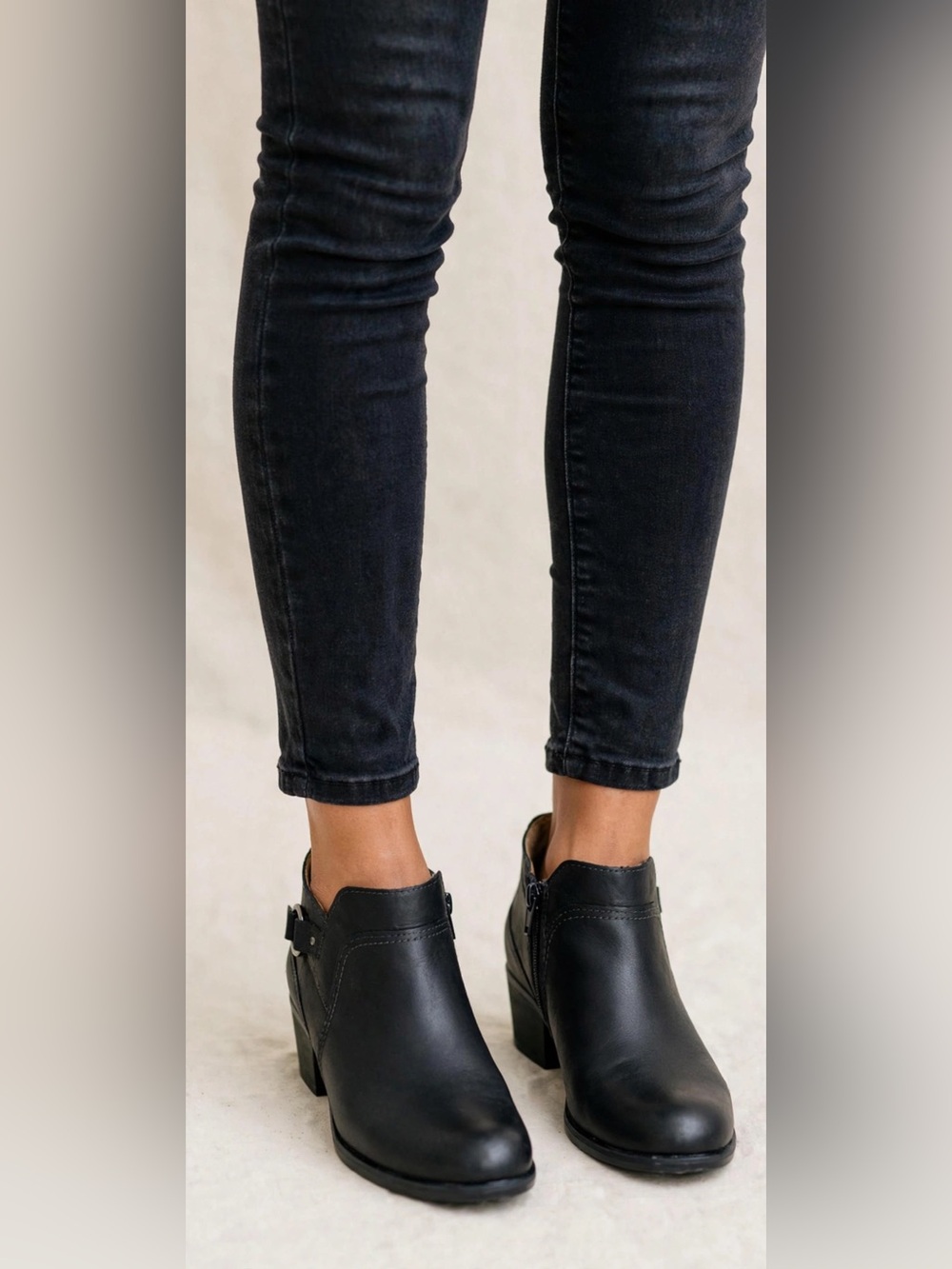 Clarks Black Leather Low Wedge Ankle Booties with Side Zip